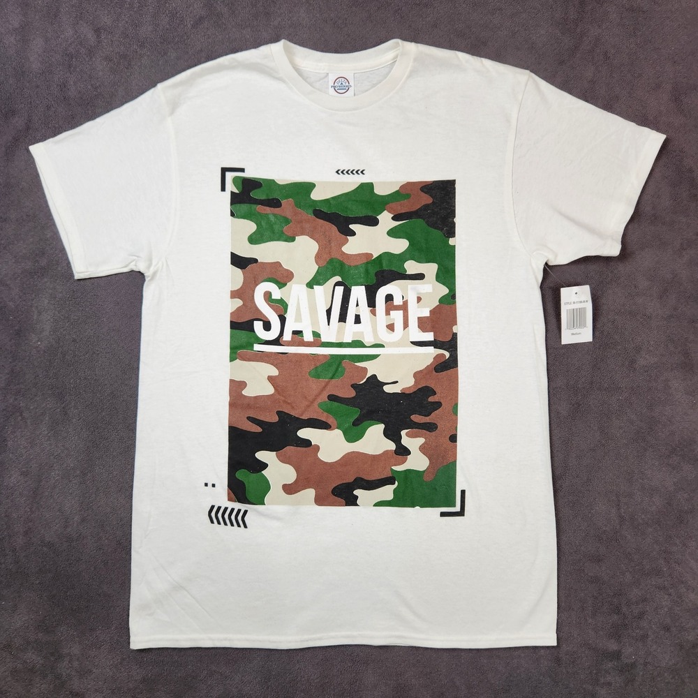 Savage Shirt Mens Medium White Camo Graphic Print‎ Short Sleeve Tee